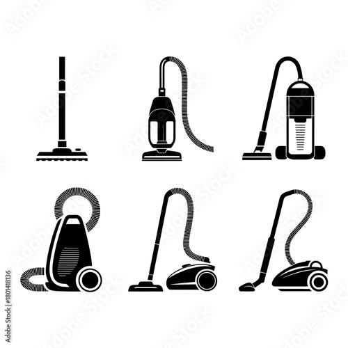 Collection of six different vacuum cleaner icons and silhouettes