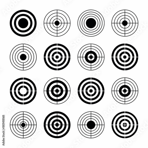 Collection of sixteen circular target designs for shooting and games