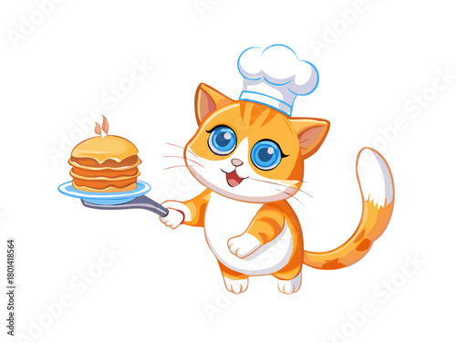 Orange White Cat with Blue Eyes Wearing Chef Outfit Flipping Pancakes Isolated on White Background icon
