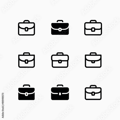 Collection of nine briefcase icons in black and white