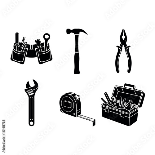 Collection of hand tools and tool belt in a graphic illustration style