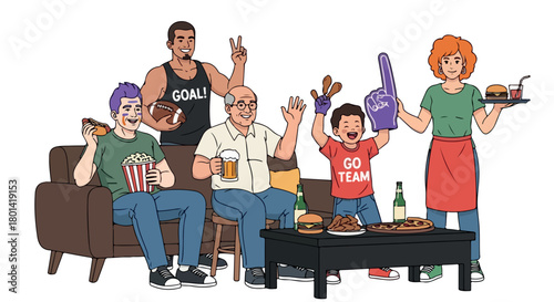 Family watching football game with snacks and drinks