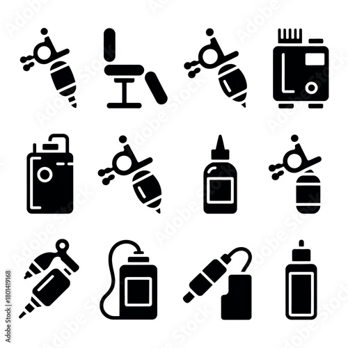 Collection of tattoo equipment icons in black and white silhouette style