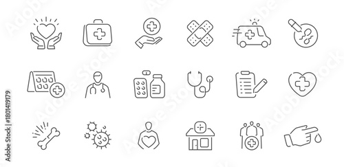 Health and medicine icon set. Hospital concept. Treatment, healthcare, clinic signs and symbols collection