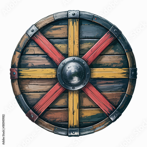 Rustic wooden viking shield with metal boss and red and yellow straps