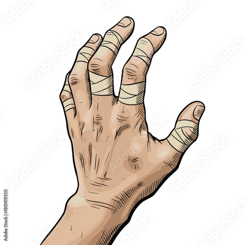 Climbing Bouldering Hand Vintage Style Vector Art, Crimp Climbing, Taped Fingers Rock Climber Grip Illustration for Bouldering