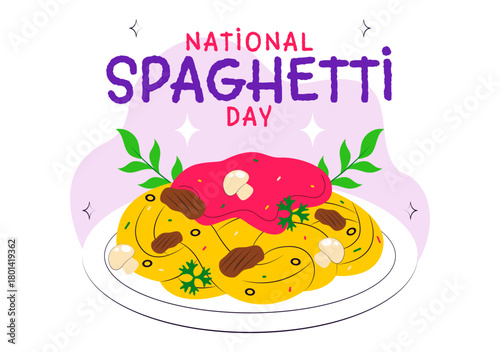 National Spaghetti Day Celebration Vector Illustration Featuring Various Noodle Dishes in a Fun And Festive Flat Style Cartoon Background