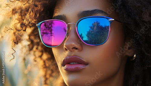 Stylish Young Woman with Curly Hair Wearing Reflective Gradient Sunglasses at Sunset
