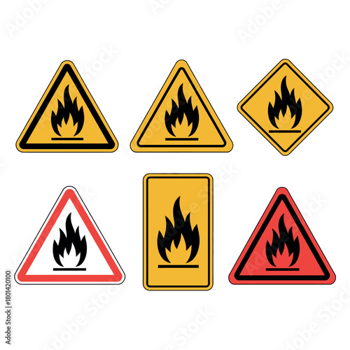 Collection of fire hazard warning signs in different shapes and colors