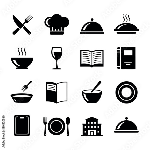 Collection of restaurant and food service icons in black and white