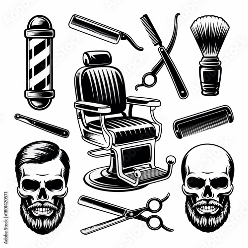 Vintage barber shop tools and chair with skulls illustration