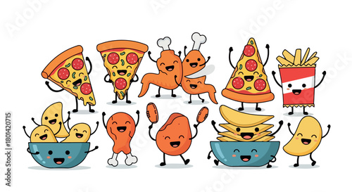 Happy food characters pizza fries chicken nuggets and more