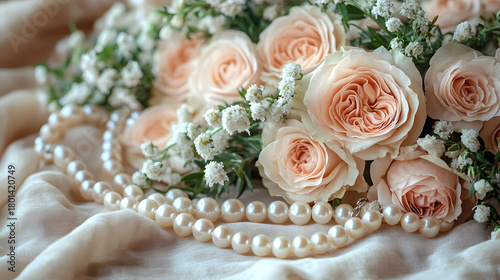 Elegant bouquet of pink roses and white flowers with a strand of pearls on soft fabric Generative AI