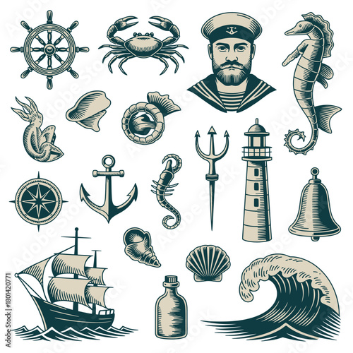 Nautical vintage illustration collection with ship anchor lighthouse and crab