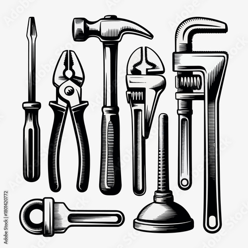 Collection of vintage hand tools for plumbing and construction