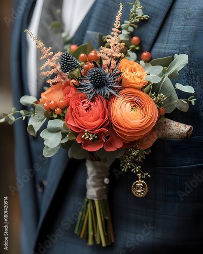 Beautiful floral boutonniere in vibrant colors worn by a man at a special event in an elegant suit Generative AI