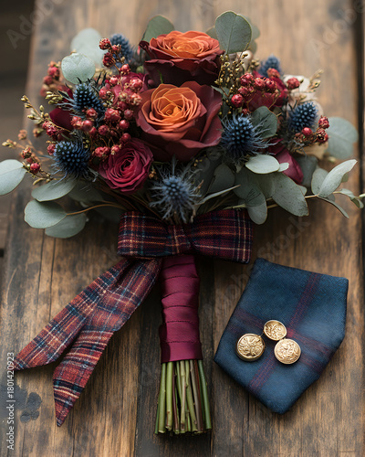 Beautiful bouquet with autumn colors and decorative items on rustic wooden table Generative AI