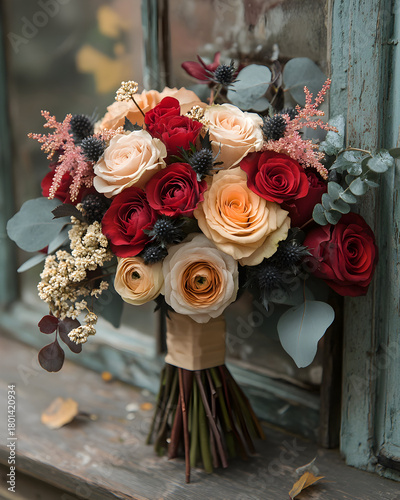 Beautiful fall bouquet featuring roses and greenery with rustic wooden backdrop for autumn celebrations Generative AI