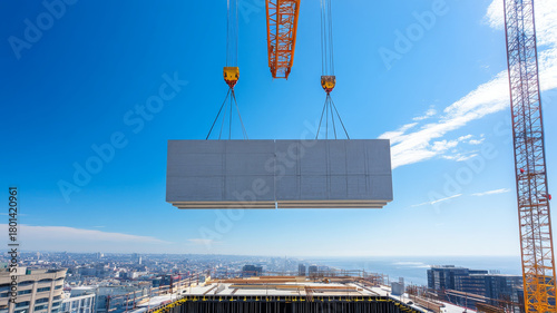 Large industrial crane lifting precast concrete slab at construction site under blue sky