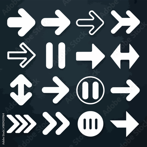 Collection of white directional arrows and media playback icons on dark background