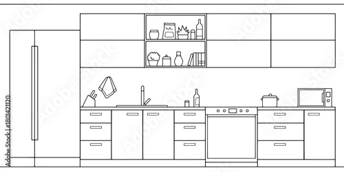 Kitchen room graphic black white home interior sketch illustration vector 