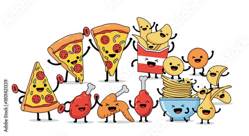 Happy food characters pizza chicken pasta fries celebration