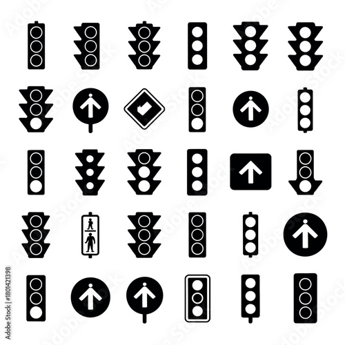 Collection of traffic signal icons and road signs in black and white