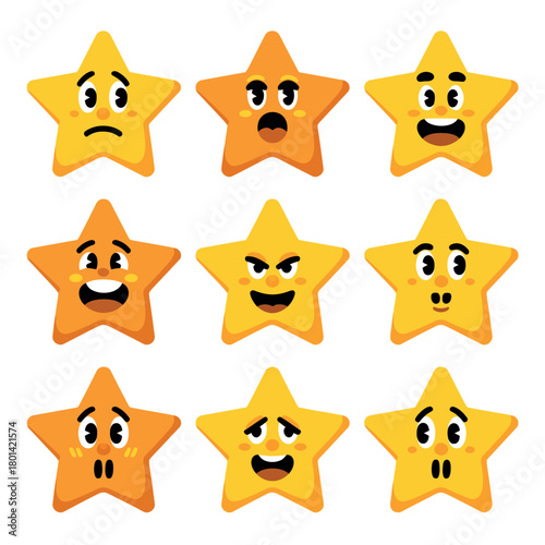 Collection of nine cartoon stars with different facial expressions and emotions