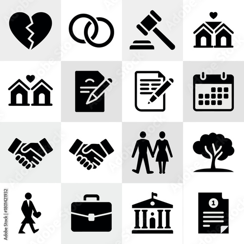 Collection of icons representing marriage divorce legal and family concepts