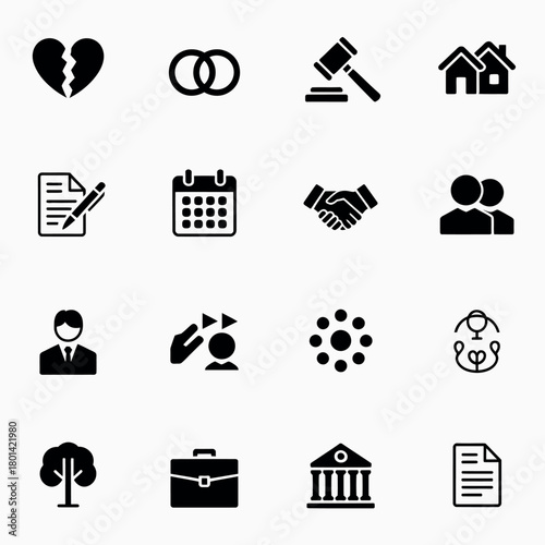 Collection of legal and business icons representing family law and corporate matters