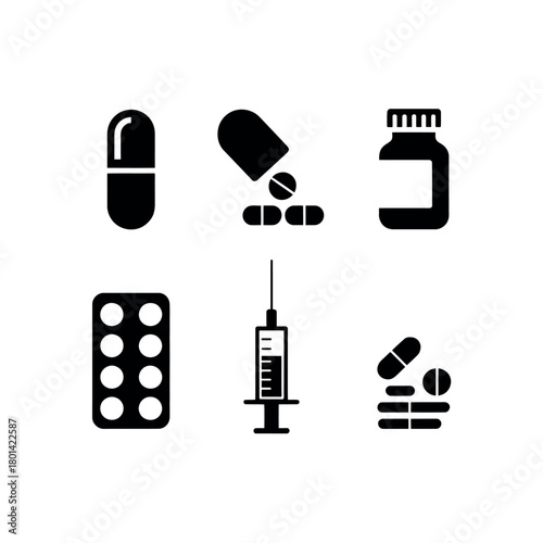 Collection of medical and pharmaceutical icons representing healthcare and treatment