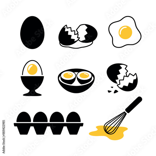 Collection of black and white egg icons and illustrations