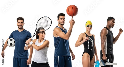 A diverse group of five fit, young athletes wearing various sportswear, posing with equipment representing different sports like soccer, tennis, basketball, and swimming.