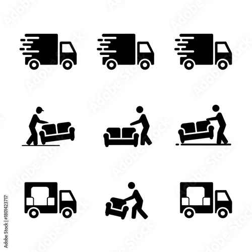 Moving truck and people carrying furniture icons set