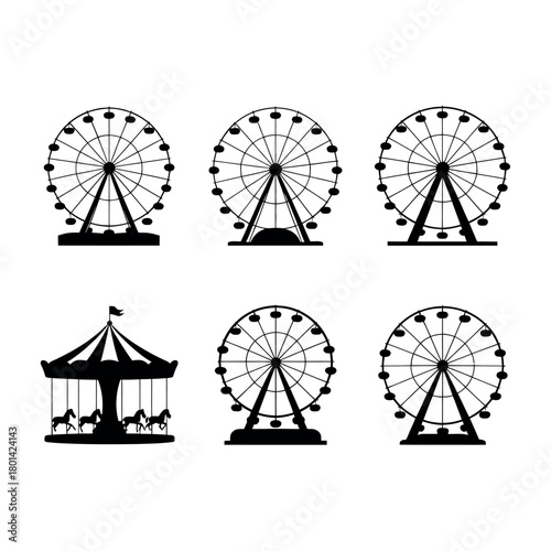 Collection of ferris wheels and carousel silhouettes at amusement park