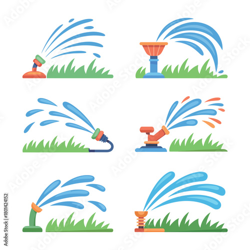 Collection of six illustrations of garden sprinklers watering grass