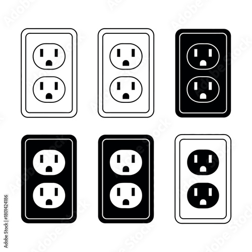Collection of six electrical outlets in black and white line art style