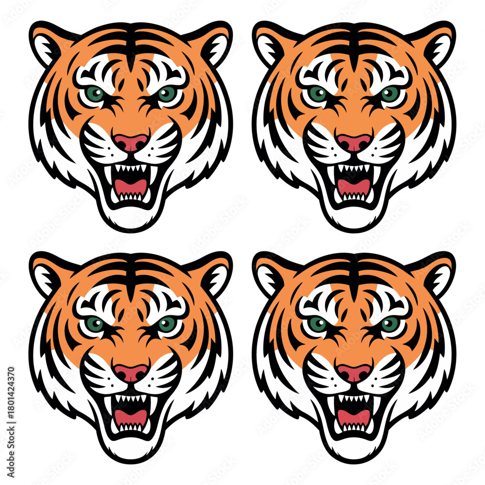 Fototapeta premium Four fierce tiger faces with intense eyes and open mouths