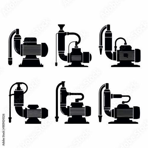 Collection of six black silhouettes of water pumps
