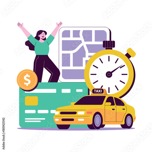 Woman celebrating successful taxi ride booking with credit card and map