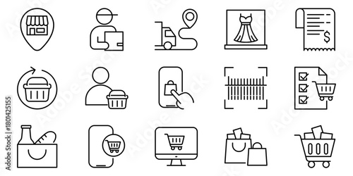Vector line icon collection representing online shopping, digital retail, and product delivery services for web and mobile interfaces