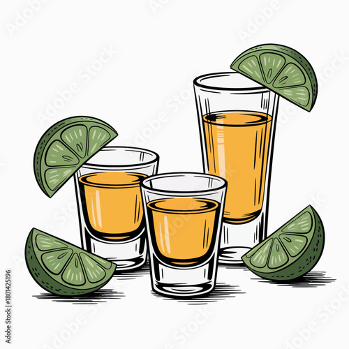 Three glasses of tequila with lime wedges on a white background