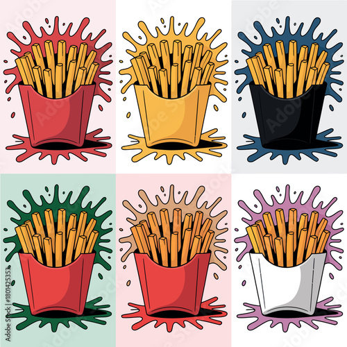 Six cartoon style french fries in colorful containers with splashes of sauce