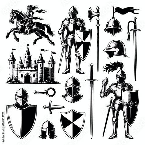 Collection of medieval knights castles and armor illustrations