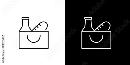 Grocery bag with bread and bottle outline icon on black and white background