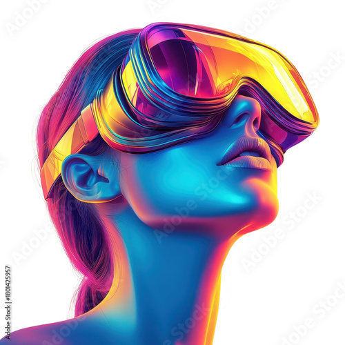 Neon VR Goggles Portrait Woman Cyberpunk Virtual Reality Headset Metaverse AI Futuristic Tech on transparent background