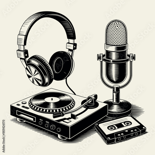 Vintage dj equipment including headphones turntable microphone and cassette tape