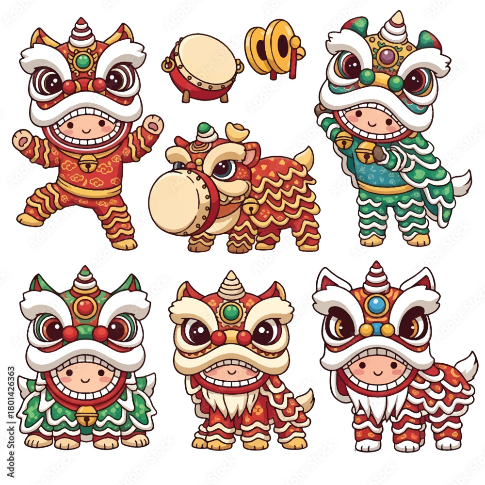 Fototapeta premium Cute Cartoon Chinese Lion Dance Characters Set
