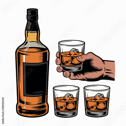 Bottle of whiskey with glasses and hand holding a drink