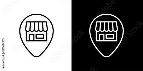 Vector icon of a storefront inside a map pin. Symbol for store locator, local business, and retail address. Thin line graphic design